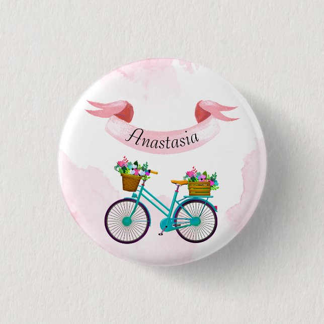 Moderne rosa Blume Fahrräder Button (Vorderseite)