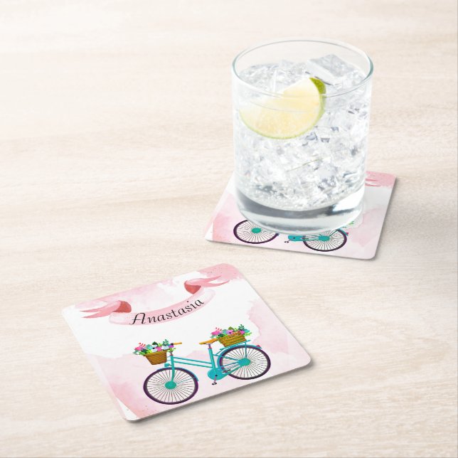 Moderne rosa Blume Fahrräder Rechteckiger Pappuntersetzer (Vor Ort)