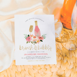 Moderne rosa Blume & Gold Glitzer Brunch & Bubbly Einladungspostkarte