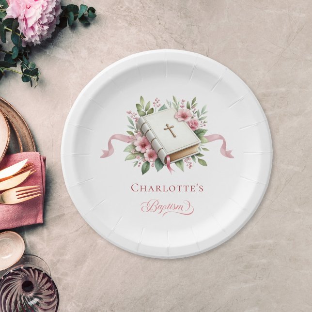 Moderne rosa Blumen Tauf-Papierplatte Pappteller (Von Creator hochgeladen)