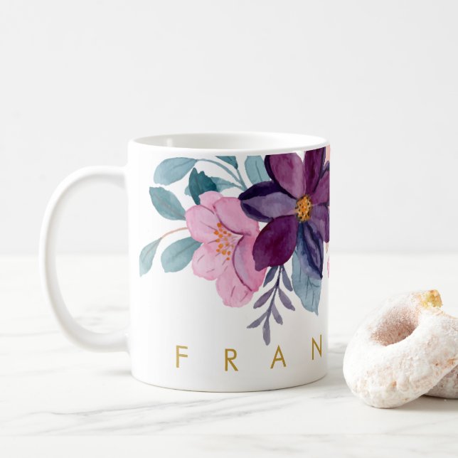 Moderne rosa Blumenfarbe Name hinzufügen Kaffeetasse (Mit Donut)