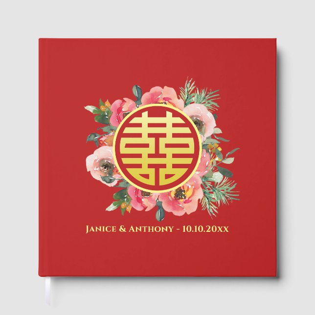 Moderne rosa Blumenkranz chinesische Hochzeit Gästebuch (Vorderseite)