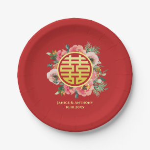 Moderne rosa Blumenkranz chinesische Hochzeit Pappteller