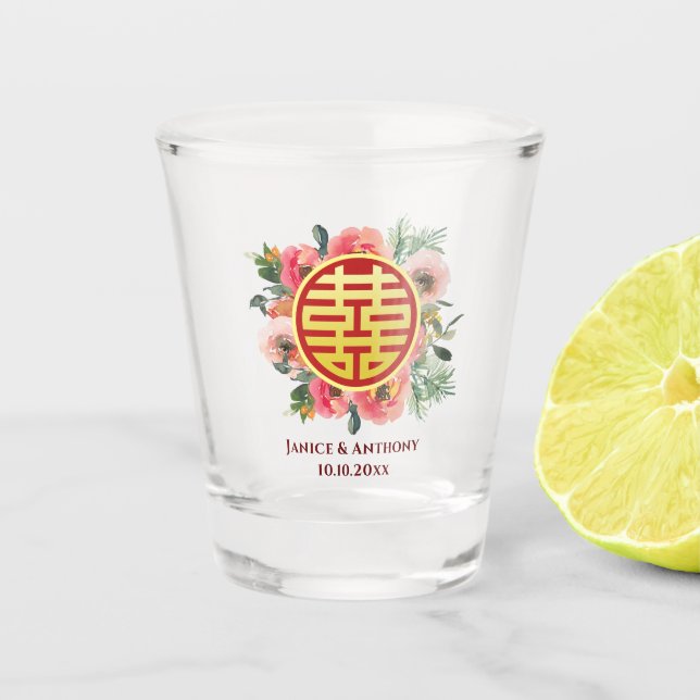Moderne rosa Blumenkranz chinesische Hochzeit Schnapsglas (Vorderseite)