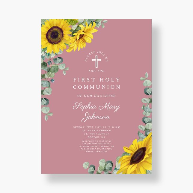 Moderne rosa Blumenkreuz Erste Kommune Einladung (Modern Pink Floral Cross First Communion Invitation)