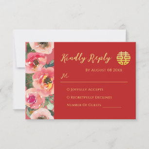 Moderne rosa Blumenrand chinesische Hochzeit RSVP Karte