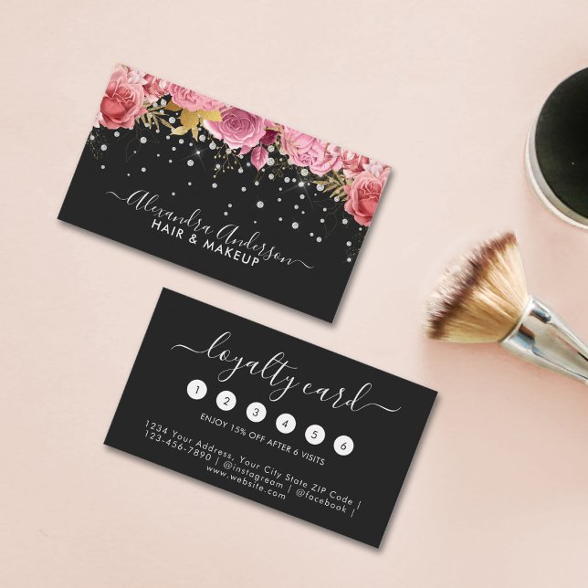 Moderne rosa Blumenzwiebeln Glitzer Beauty Salon Treuekarte (Modern Pink Floral Diamonds Glitter Beauty Salon Loyalty Card)