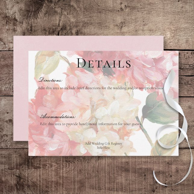 Moderne Rosa Blush Hydrangea Hochzeitsdetails Begleitkarte (Modern Pink Blush Hydrangea Wedding Details Card)