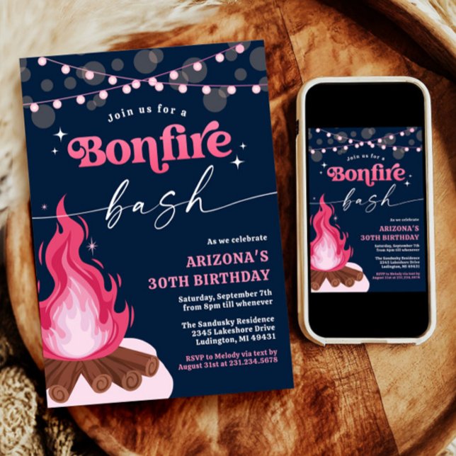 Moderne rosa Bonfire Einladung, Bonfire Bash Einladung (Pink Birthday Backyard Bonfire Invitation)