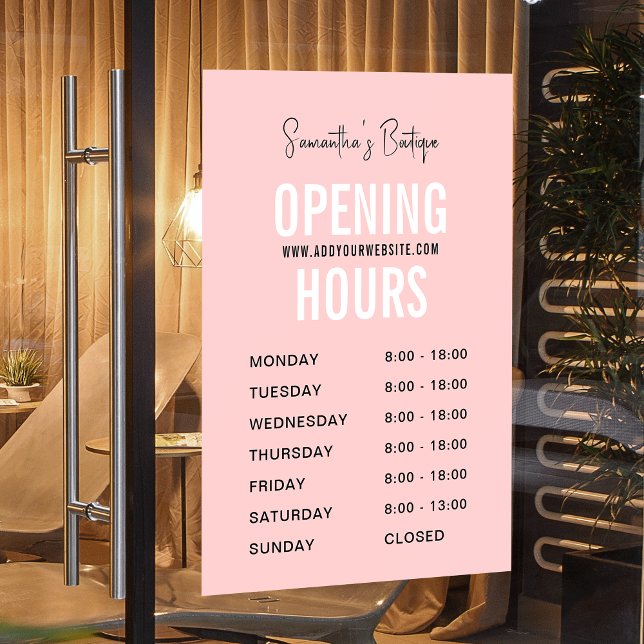 Moderne rosa Boutique Einfache Öffnungszeiten Fensteraufkleber (Modern blush pink opening hours window cling sign with fully editable text and colors)