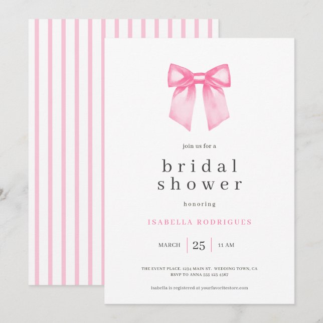 Moderne rosa Bow Bridal Dusche Einladung (Vorne/Hinten)