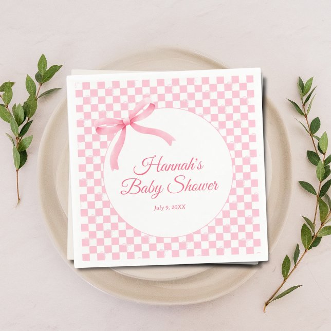 Moderne rosa Bow Checkered Baby Dusche Napkins Serviette (Modern Coquette Gingham Checkered Baby Shower Napkins)