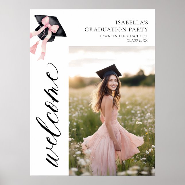 Moderne rosa Bow Coquette Graduation Cap Willkomme Poster (Vorne)