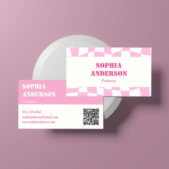 Moderne rosa Checked Business Card mit QR Code Visitenkarte (Von Creator hochgeladen)