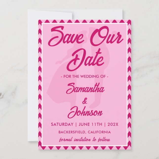Moderne Rosa Chevron Streifen QR-Code Foto Save The Date (Vorderseite)