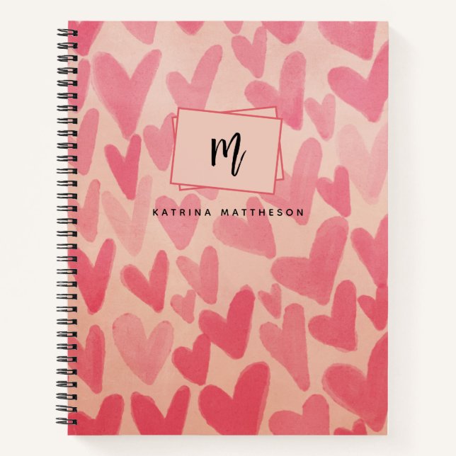 Moderne rosa Doodle Herz Mit Monogramm Notizbuch (Vorderseite)