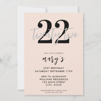 Moderne rosa elegante 22. Geburtstagseinladung Einladung