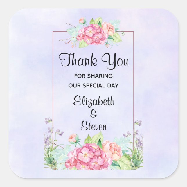 Moderne rosa Farbe Blumenrahmen Vielen Dank Quadratischer Aufkleber (Vorderseite)