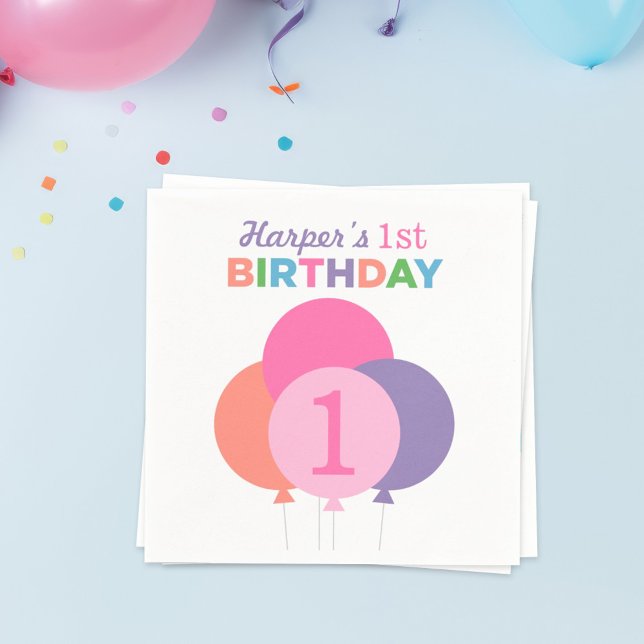 Moderne rosa farbenfrohe Ballons erste Geburtstags Serviette (Von Creator hochgeladen)