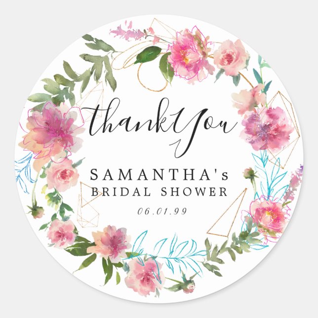 Moderne rosa Flora und Goldl-Brautparty Runder Aufkleber (Vorderseite)