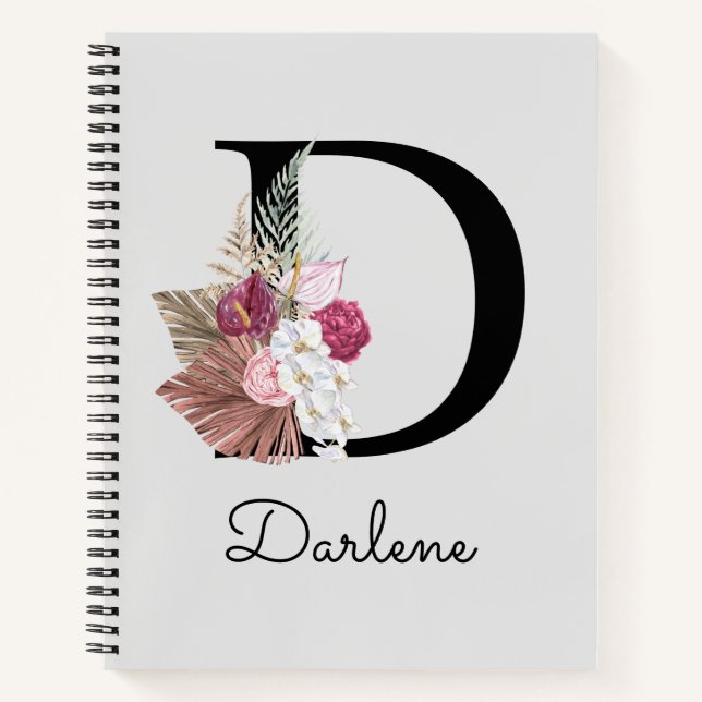 Moderne rosa Floral Initial D Notizbuch (Vorderseite)