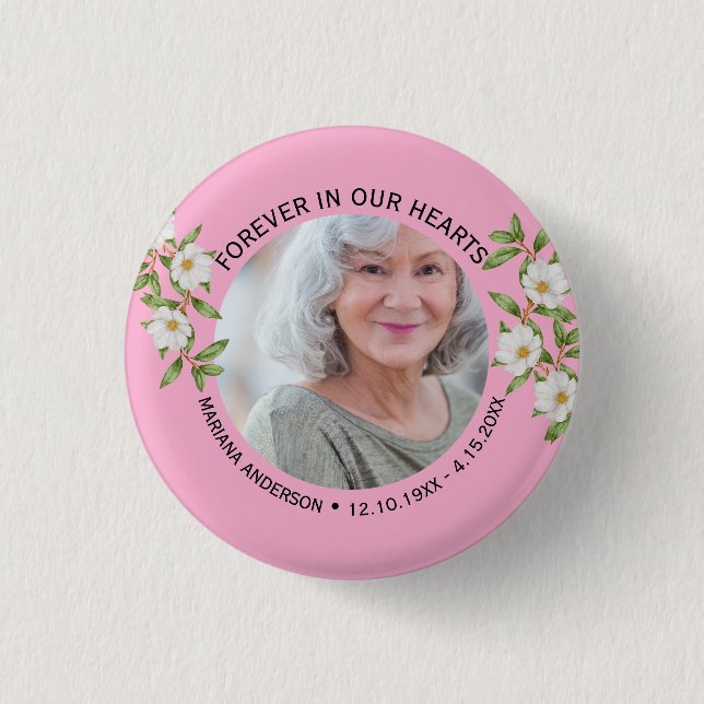 Moderne rosa florale Gedenkbutton 'Für immer in un Button (Vorderseite)