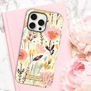 Moderne rosa florale Glitter-Chic personalisierte  iPhone 15 Pro Max Hülle