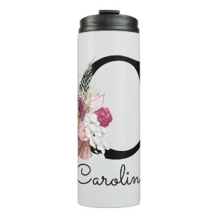 Moderne rosa florale Initiale C Thermosbecher