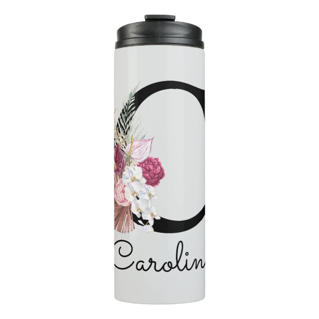Moderne rosa florale Initiale C Thermosbecher (Vorderseite)