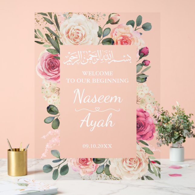 Moderne rosa florale islamische Begrüßung Acrylschild (Hochzeit)