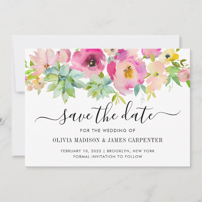 Moderne, rosa, florale Kakteen Hochzeit Save The Date (Vorderseite)