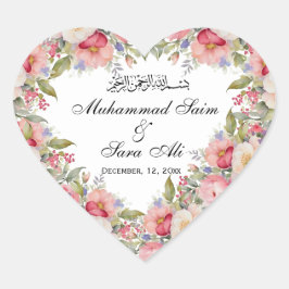 Moderne rosa florale muslimische Hochzeitsticker Herz-Aufkleber