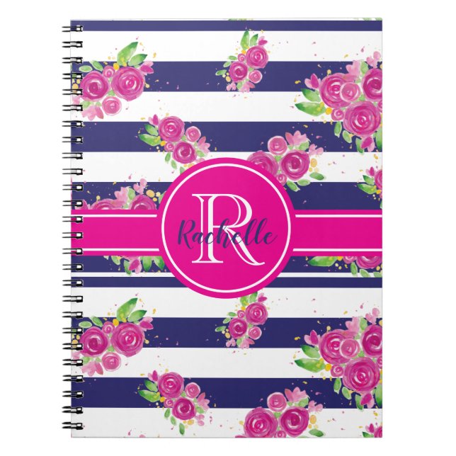 Moderne rosa florale Navy Stripte Stilftige Monogr Notizblock (Vorderseite)