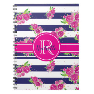 Moderne rosa florale Navy Stripte Stilftiges Monog Notizblock