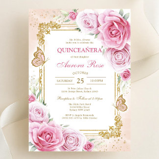Moderne rosa florale Quinceanera-Einladung Einladung