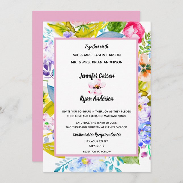 Moderne rosa florale romantische Hochzeitseinladun Einladung (Vorne/Hinten)