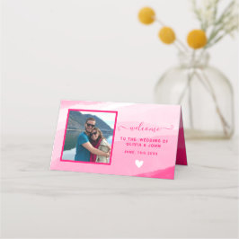 Moderne rosa Foto Hochzeit geklappt Platzkarte