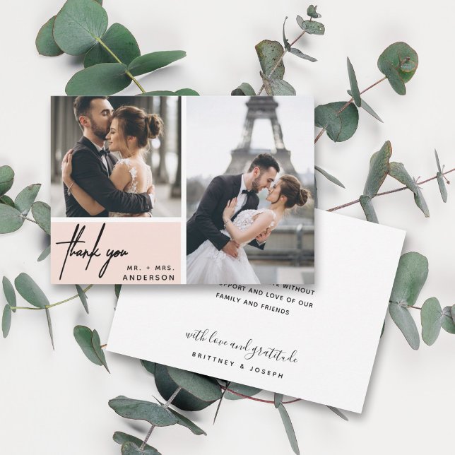 Moderne rosa Fotocollage Hochzeit Vielen Dank (Two photo hand lettered thank you wedding card with a minimalistic design perfect for any couple.)
