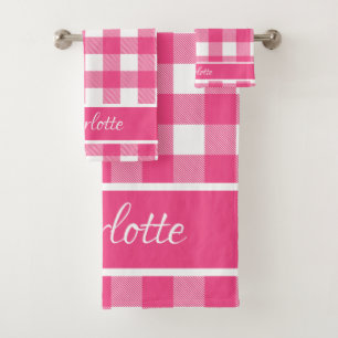 Moderne rosa Französische Rose Weißes Buffalo Karo Badhandtuch Set