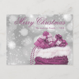 Moderne rosa fröhliche Weihnachtsschnee präsentier Feiertagspostkarte