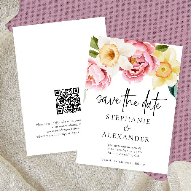 Moderne rosa gelbe Florals Script QR Code Hochzeit Save The Date (Von Creator hochgeladen)