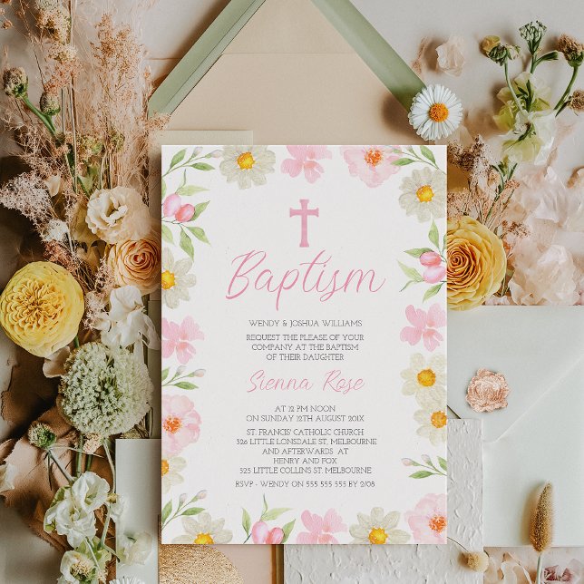 Moderne rosa gelbe Girls Frühlingsflorale Taufe Einladung (Modern Floral Baptism Invitation for Baby Girl, Pastel Floral Baptism Invitation, Watercolor Pink)