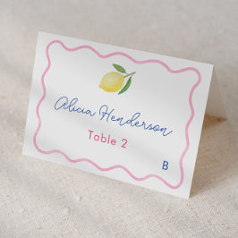 Moderne rosa-gelbe Lemon-Hochzeitsszene-Platzkarte Tischnummer