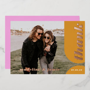 Moderne rosa gelbe Retro-Arch-Hochzeit Vielen Dank Folieneinladung