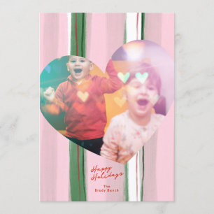 Moderne rosa gestreifte Herzform Familienfoto Glüc Feiertagskarte