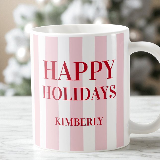 Moderne rosa gestreifte Personalisierte glückliche Kaffeetasse (Modern Pink Striped Personalized Happy Holidays Coffee Mug)