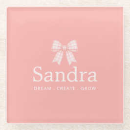 Moderne rosa Gingham-Schleifen-Name-Zitat Glasuntersetzer