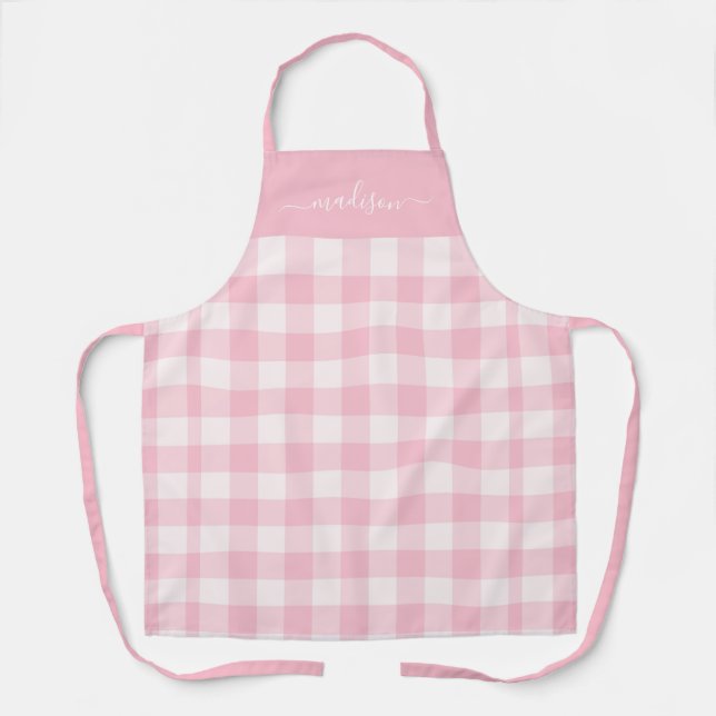Moderne rosa Gingham-Skriptbezeichnung Schürze (Vorderseite)