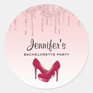 Moderne rosa Glittertropfen und High Heels Runder Aufkleber