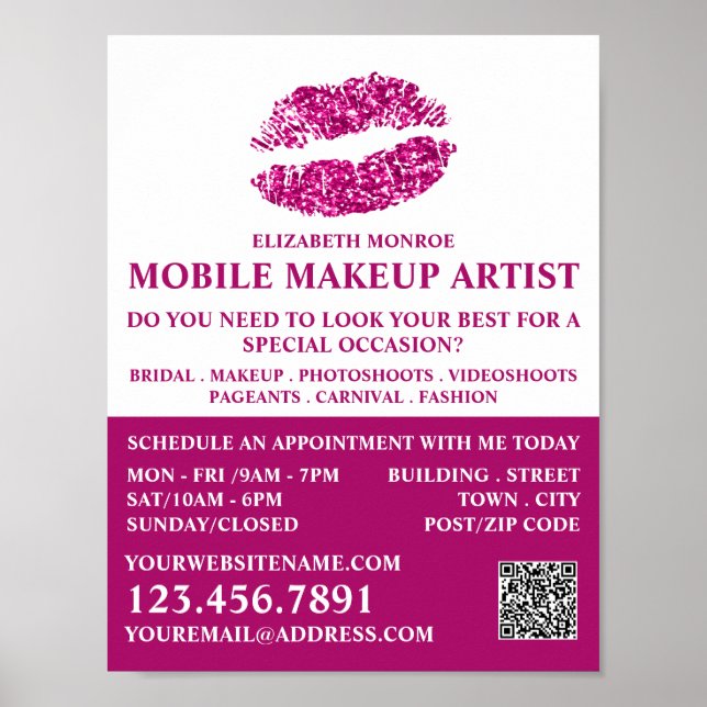 Moderne rosa Glitzer Lips, Makeup Artist Advert Poster (Vorne)